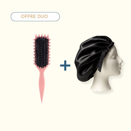 duo bonnet en satin avec une brosse pour définir les boucles 